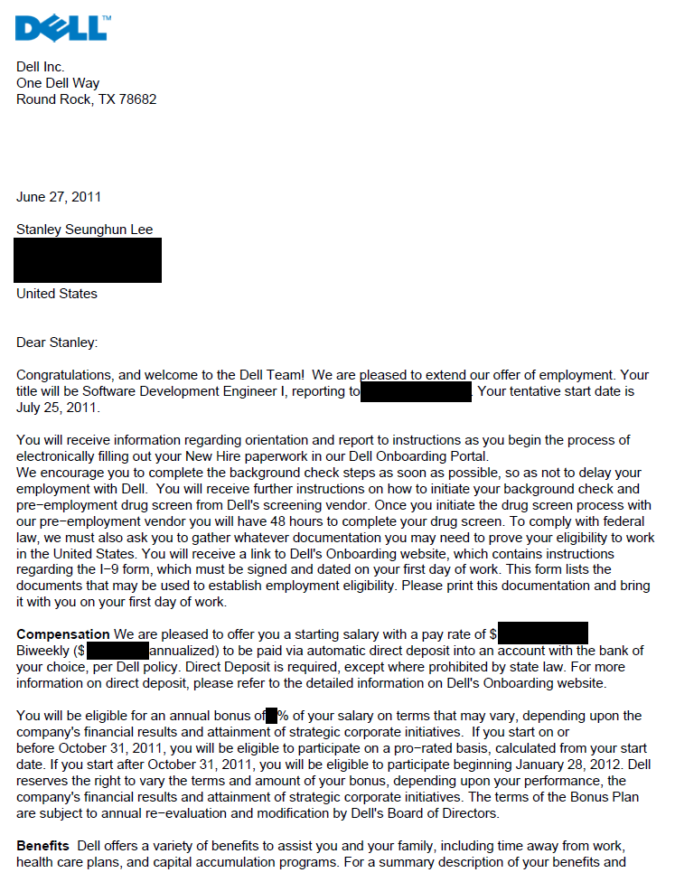 델에서 받은 잡 오퍼 레터