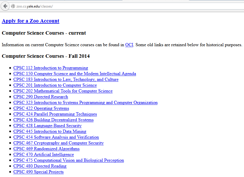 Yale CS Dept.의 2014년 개설된 수업들